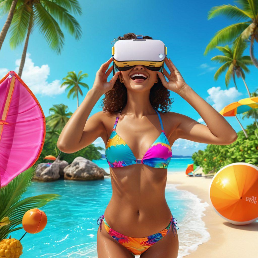 A woman joyfully trying on vibrant swimwear in a virtual reality setting, surrounded by tropical beach backgrounds and colorful digital accessories. Her facial expression radiates happiness as she interacts with virtual swimwear options floating around her. Include a sense of movement and excitement, with a blend of real and digital elements. vibrant colors. super-realistic. 3D.