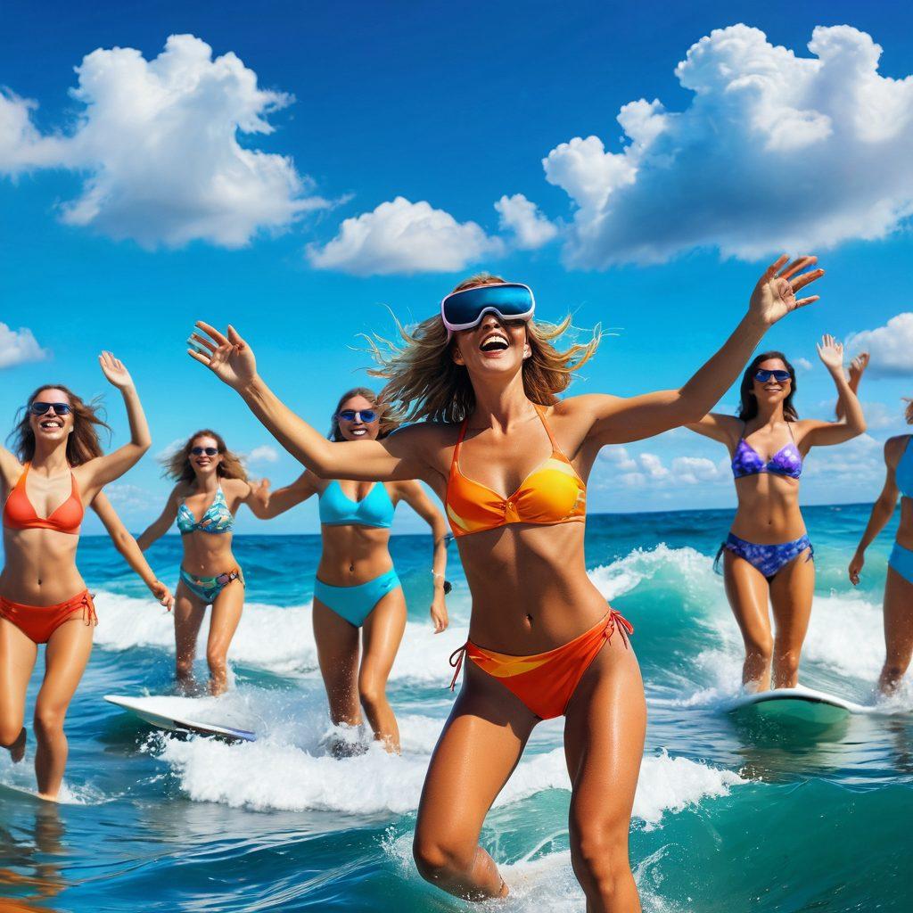A dynamic scene of women in stylish swimwear surfing through a vibrant ocean of colorful emotions, represented by waves of varying expressions like joy, sadness, and excitement. Incorporate virtual reality elements like VR headsets and holographic features, creating a blend of nature and technology. The sky is bright with soft clouds, reflecting different moods. The overall atmosphere should evoke a sense of adventure and exploration. surreal art. vibrant colors. 3D.